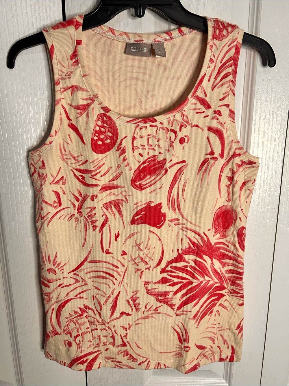 Chico's Women’s Size 1 Medium Pink Cream Floral Pineapple Print Tank Top Cotton